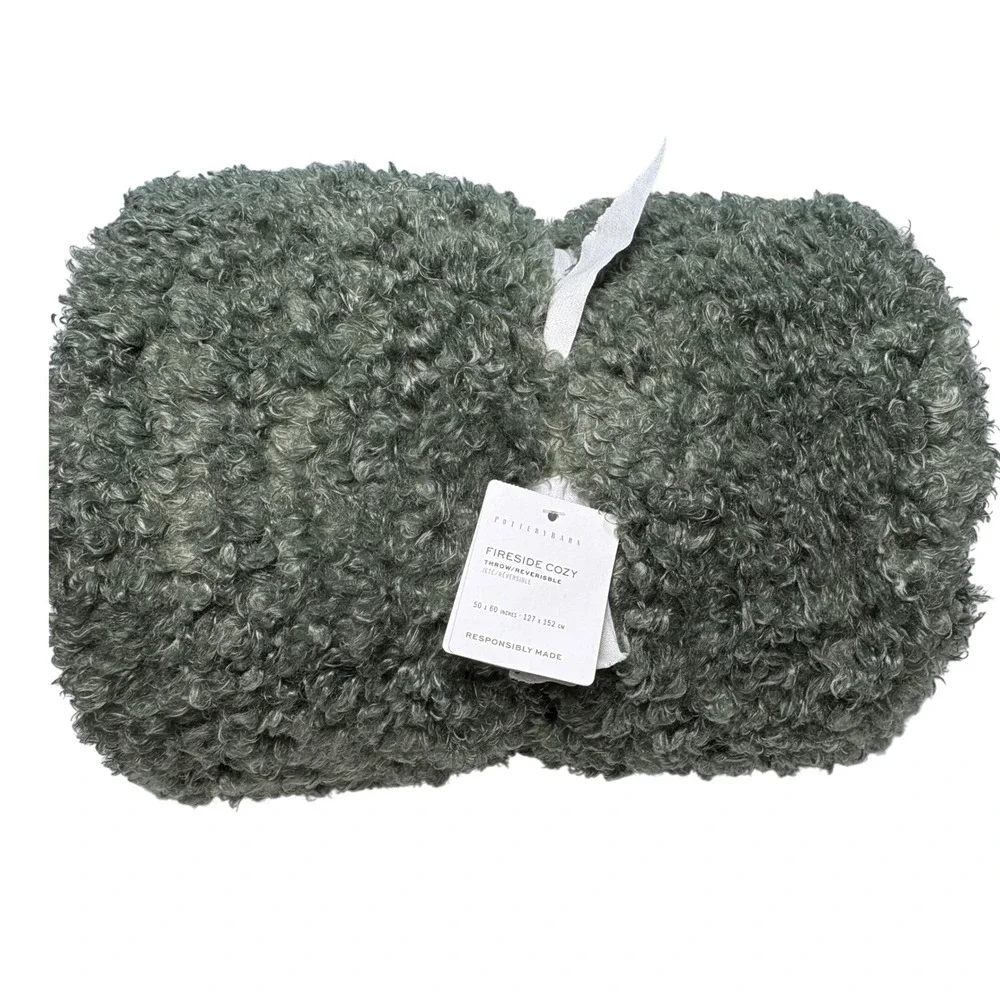 Pottery Barn Throw 50x60 Evergreen Fireside Cozy Reversible Faux Fur Blanket NWT